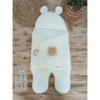 Luz&Pos Yenidoğan Kulaklı Şapkalı Açılır Kucaklı Cırt Kapamalı Ayaklı Bebek Battaniyesi Kundak Krem