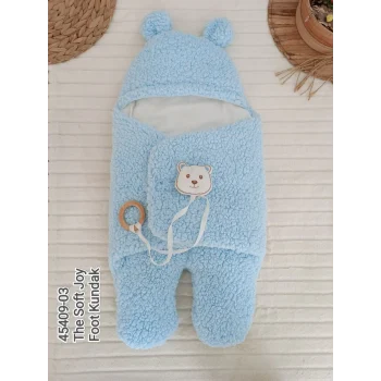 Luz&Pos Yenidoğan Kulaklı Şapkalı Açılır Kucaklı Cırt Kapamalı Ayaklı Bebek Battaniyesi Kundak Mavi