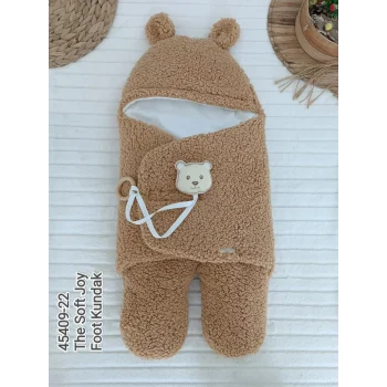 Luz&Pos Yenidoğan Kulaklı Şapkalı Açılır Kucaklı Cırt Kapamalı Ayaklı Bebek Battaniyesi Kundak Kahverengi