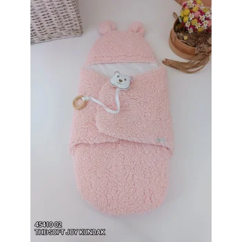 Luz&Pos Yenidoğan Kulaklı Şapkalı Açılır Kucaklı Cırt Kapamalı Bebek Battaniyesi Kundak Pembe