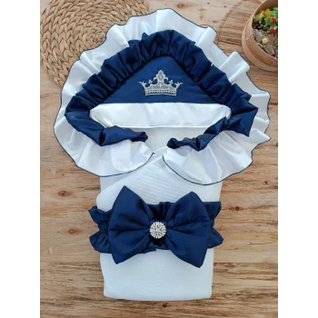 Luz&Pos Yenidoğan Mehtap Lüks Kelebek Taç Nakışlı Bebek Battaniyesi Kundak Lacivert