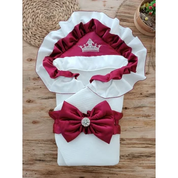 Luz&Pos Yenidoğan Mehtap Lüks Kelebek Taç Nakışlı Bebek Battaniyesi Kundak Bordo