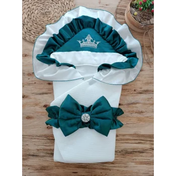 Luz&Pos Yenidoğan Mehtap Lüks Kelebek Taç Nakışlı Bebek Battaniyesi Kundak Zümrüt Yeşili