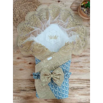 Luz&Pos Yenidoğan Piramit Desenli Güpür İşlemeli Bebek Battaniyesi Kundak Gold