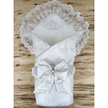 Luz&Pos Yenidoğan Pırıltı Taç Nakışlı İnci Delüks Kundak Bebek Battaniyesi Ekru
