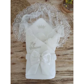 Luz&Pos Yenidoğan Sahra Taç Benim Prensesim Nakışlı Kundak Bebek Battaniyesi Ekru