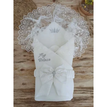 Luz&Pos Yenidoğan Sahra Taç Benim Prensim Nakışlı Kundak Bebek Battaniyesi Ekru