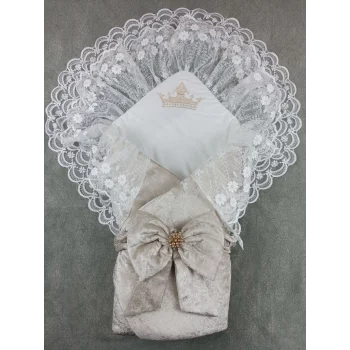 Luz&Pos Yenidoğan Saray Kadife Taç Nakışlı İnci Fiyonklu Çift Dantel Duvak Trilüks Kundak Bebek Battaniyesi Vizon-ekru
