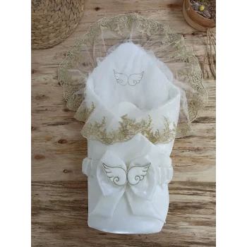 Luz&Pos Yenidoğan Shine Kumru Melek Kanat Fiyonklu Gold Dantel Duvaklı Delüks Kundak Bebek Battaniyesi Ekru