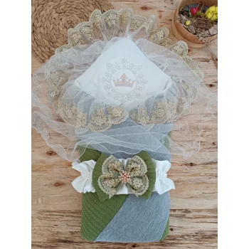 Luz&Pos Yenidoğan Teri Cotton Taç Nakışlı Prizma Taş Kundak Bebek Battaniyesi Yeşil