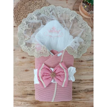 Luz&Pos Yenidoğan Tericotton Örgülü Trilüx Bebek Battaniyesi Kundak Gül Kurusu