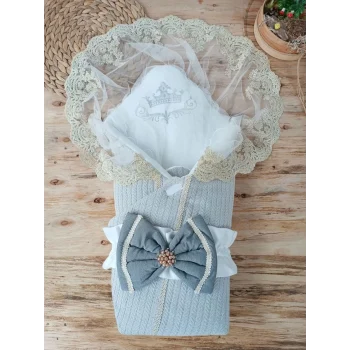 Luz&Pos Yenidoğan Tericotton Örgülü Trilüx Bebek Battaniyesi Kundak Gri