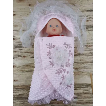 Luz&Pos Yenidoğan Topçikli Gül Bahçesi Tül Örtülü Kız Erkek Bebek Klasik Kundak Bebek Battaniyesi Pembe