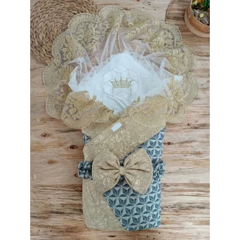 Luz&Pos Yenidoğan Ultralüks Piramit Desenli Güpürlü Bebek Battaniyesi Kundak Gold