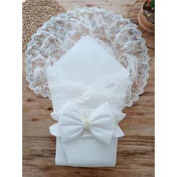 Luz&Pos Yenidoğan Yakamoz Kumru Model Dantelli Taşlı Fiyonk Bebek Battaniyesi Kundak Ekru