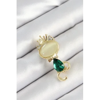 Yeşil Damla Zirkon Taşlı Kraliçe Taçlı Kedi Figürlü Gold Renk Kadın Broş