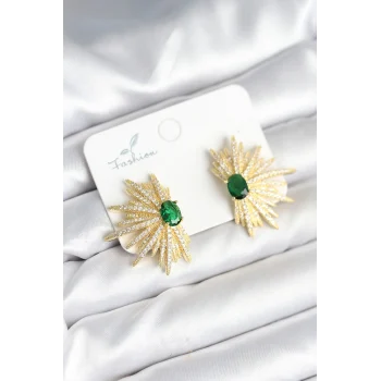 Yeşil Taş Detaylı Zirkon Taşlı Gold Renk Pirinç Kadın Küpe