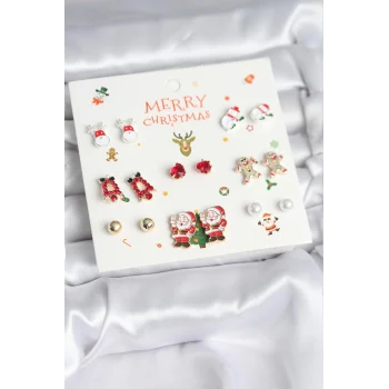 Yılbaşı Temalı Karışık Model 8 Çift Yılbaşı Temalı Kadın Küpe Seti