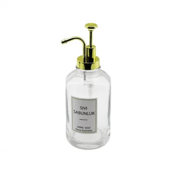 Yuvarlak Cam Şişe - Şeffafsıvı Sabunluk 500ml Pompa - Musluk Ayrık Model Başlı