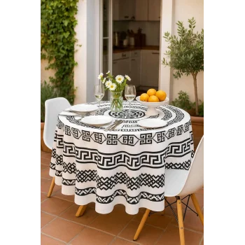Yuvarlak Geometrik Siyah Desenli Duck Kumaş Masa Örtüsü 150x150 Cm