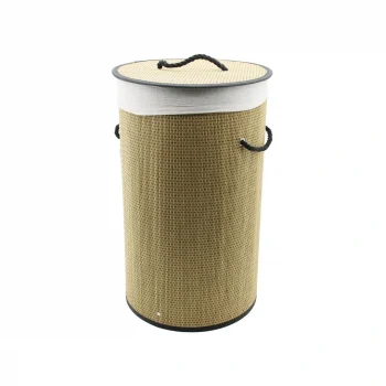 Yuvarlak Hasır - Ahşap Kirli Çamaşır Sepeti 37x60cm Seyyar Kapaklı İçi Bezli İp Kulplu