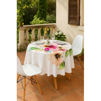 Yuvarlak Pastel Çiçek Desenli Duck Kumaş Masa Örtüsü 150x150 Cm