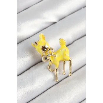 Zirkon Taşlı Fiyonk Detaylı 3D Sarı Ceylan Figürlü Gold Renk Kadın Broş