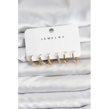 Zirkon Taşlı Gold Renk Pirinç Kadın Küpe Seti
