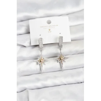 Zirkon Taşlı Gümüş Renk Pirinç Kutup Yıldızı Model Kadın Küpe