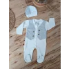 Luz&Pos 0-3 3-6 6-9 Ay Şapkalı Yelek Detaylı Boydan Çıtçıt Erkek Bebek Tulumu Ekru