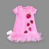 Luz&Pos 1-2-3 Yaş Payetli Çilekler Nakışlı Eteği Fırfırlı Jile Kız Çocuk Elbisesi Pembe