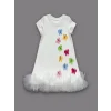 Luz&Pos 1-2-3 Yaş Renkli Kelebekler Nakışlı Eteği Fırfırlı Jile Çocuk Elbisesi Beyaz