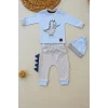 Luz&Pos 3-6 6-9 9-12 Ay Minik Dino Nakışlı Şapkalı Uzun Kollu Sweat 3lü Kız-erkek Bebek Takımı Mavi