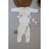 Luz&Pos 3-6 6-9 9-12 Ay Şarkıcı Kuşlar Nakışlı Bandanalı Uzun Kollu Zıbınlı 3lü Kız Bebek Takımı Ekru