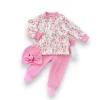 Luz&Pos 3-6-9-12 Ay Çiçek Baskılı Şapkalı Çıtçıt Kapamalı Patikli 3lü Kız Bebek Takımı Pembe