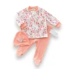 Luz&Pos 3-6-9-12 Ay Çiçek Baskılı Şapkalı Çıtçıt Kapamalı Patikli 3lü Kız Bebek Takımı Somon