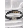 316L Çelik Gold Renk Gemi Dümen Figür Siyah Renk Çift Sıra Burgu Desenli Deri Kordon Erkek Bileklik