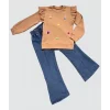 Luz&Pos 4-5-6 Yaş Kot Pantolonlu Flamingo Desenli Penye Sweat Uzun Kollu 2li Kız Çocuk Takımı Kahverengi