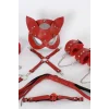 Kırmızı İçi Tüylü Maske,Kol,Bacak,Ağız Topu,Kırbaç,Tasma Harness Set