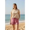 Bambu Fitilli Kadın Ev Şortu Bacak Dantel Detaylı Ev Giyim Fuşya