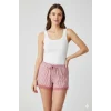Çizgili Penye Kadın Ev Şortu Bacak Dantel Detaylı Ev Giyim Fuşya