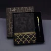 Gold Desen Siyah Deri Defter Kalem Set