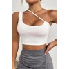 Kadın Beyaz Tek Omuzlu Çapraz Askılı Crop Top Büstiyer