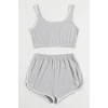 Kadın Gri Askılı Crop Top ve Şortlu Gecelik Takım
