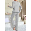 Kadın Gri Çizgili Uzun Kollu Fiyonk Detaylı Pijama Takımı Rahat Mevsimlik