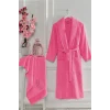 Kadın Havlulu Banyo Bornoz Takımı &#37;100 Pamuklu Fuşya
