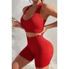 Kadın Kırmızı Yüksek Bel Çapraz Sırt Detaylı Şortlu Gecelik Takım – Modern, Konforlu ve Günlük Kombinlere Uygun
