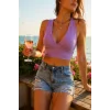 Kadın Lila Çapraz Sırt Detaylı Şık Crop Top Büstiyer