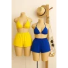 Kadın Sarı ve Mavi Şortlu Belden ve Boyundan Bağlamalı Bikini Takımı – Modern, Konforlu ve Günlük Kombinlere Uygun