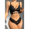 Kadın Siyah Kalp Tokalı Çapraz Lastik Detaylı Dantel İç Çamaşır Takımı